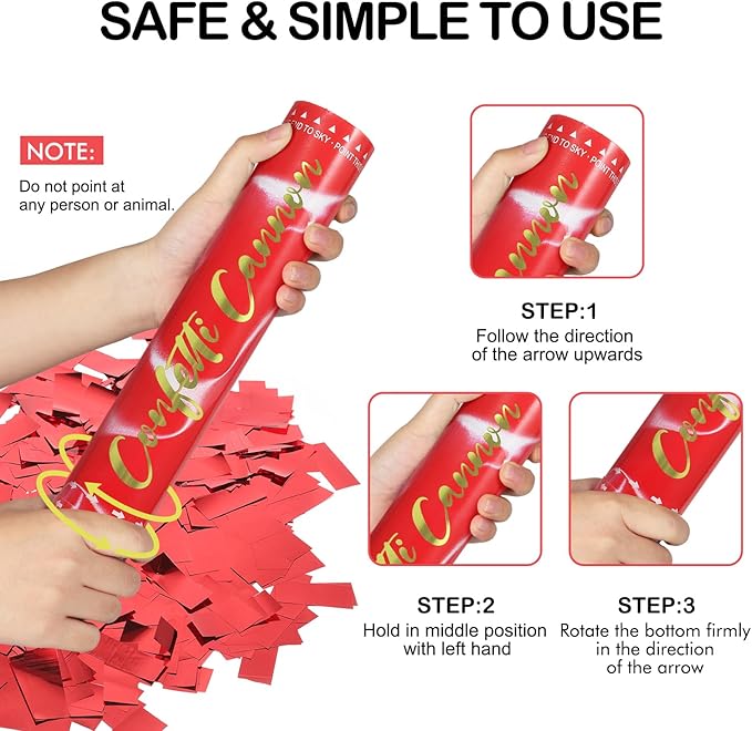 6 Pack Red Confetti Cannon, Party Poppers,12 Inch Confetti Poppers Shooters for Birthdays, Christmas，Graduation Celebration,Weddings, New Year's Eve and Any Celebrations