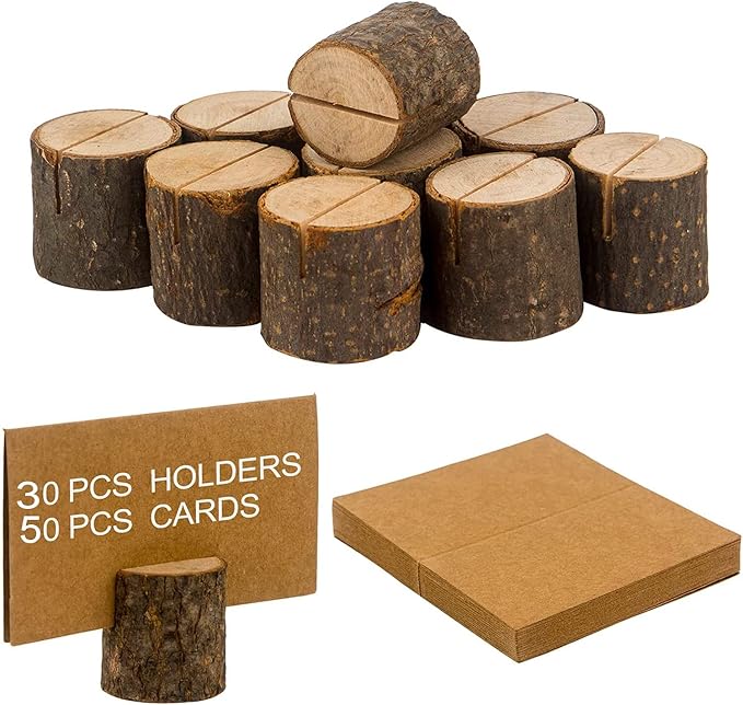 Wood Place Card Holders, 30Pcs Rustic Wooden Table Number Holders and 50Pcs Kraft Place Cards, Wood Photo Picture Holder for Wedding Party Table Name and More