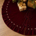 WineRed Velvet Christmas Tree Skirt with Ruffled Edge and Faux Pearl, 60 Inches Rustic Vintage Xmas Tree Skirt for Party Decorations