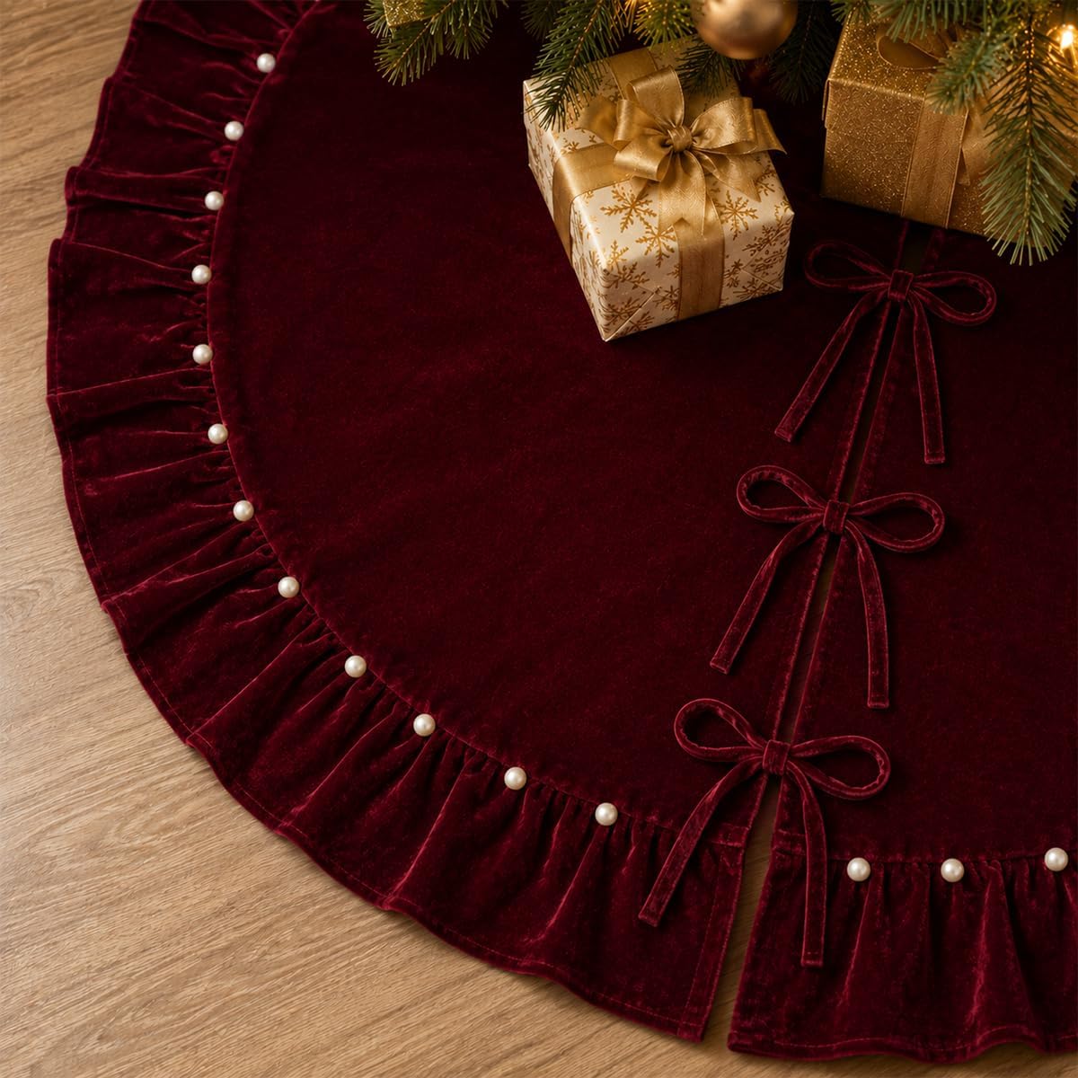 WineRed Velvet Christmas Tree Skirt with Ruffled Edge and Faux Pearl, 60 Inches Rustic Vintage Xmas Tree Skirt for Party Decorations