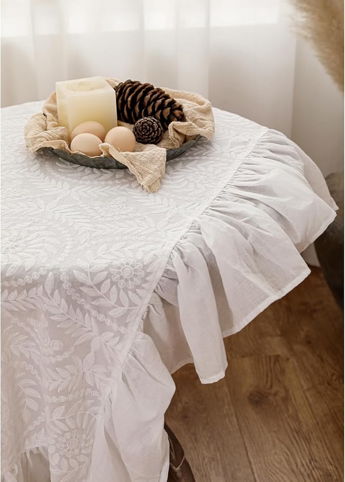 patdrea Vintage Ruffle Tablecloth for Rectangle Tables,Farmhouse Embroidered Cotton White Lace Table Cloth Cover Decor for Dining Room Wedding Banquet Thanksgiving Christmas,63"*98"