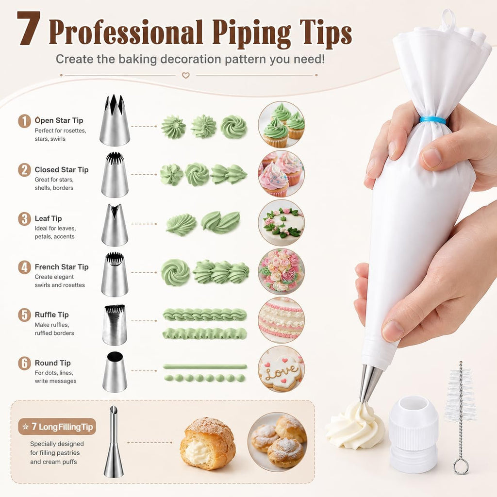10-Piece Reusable Piping Bags and Tips Set-Cotton Baking Kit with Coupler,16inch Pastry Bags,Stainless Steel Nozzles & Cleaner for Cakes/Cupcakes/Cookies Decorating (10 Pcs)