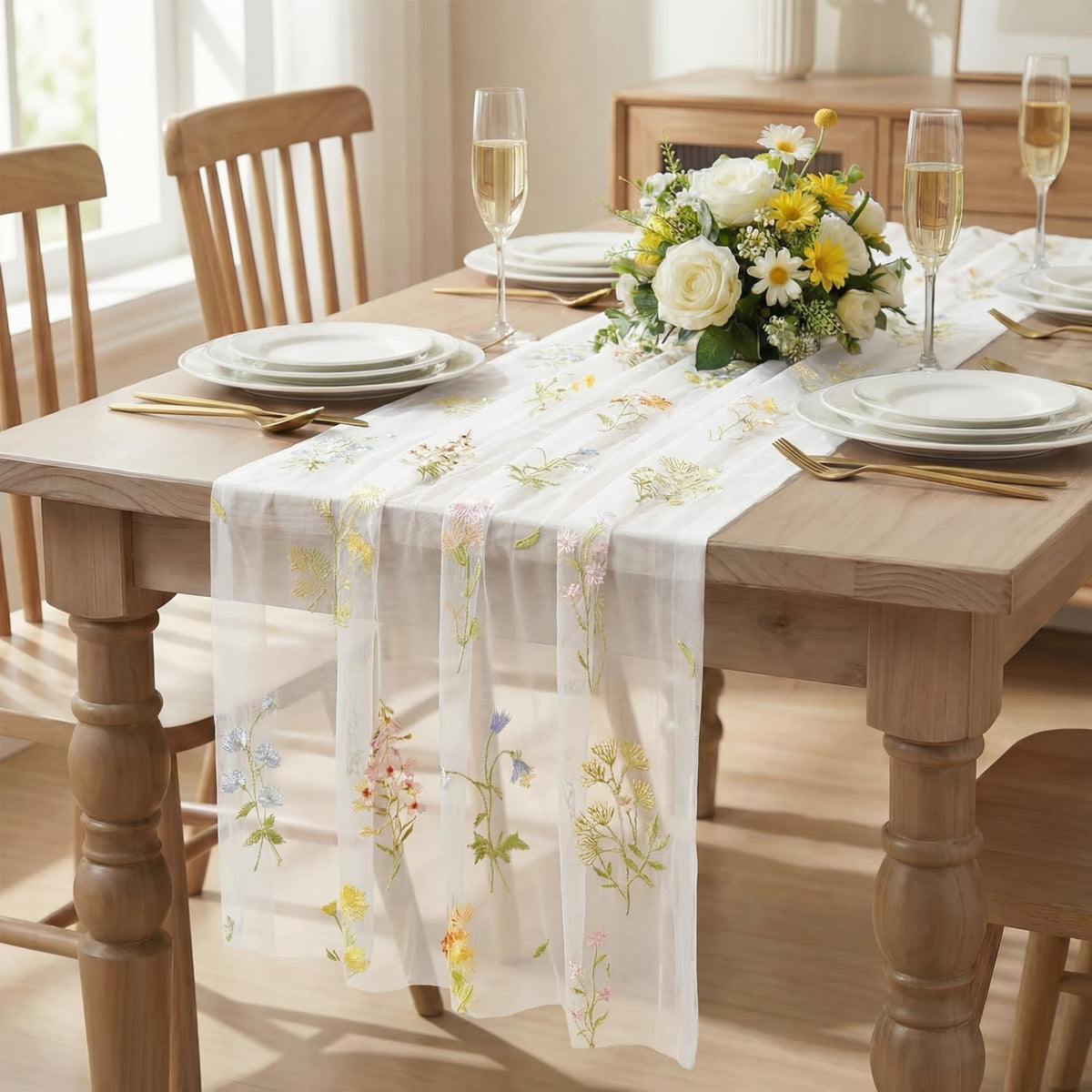 Artoid Mode 6PC Floral Milky White Embroidery Table Runner 120 Inch 10FT