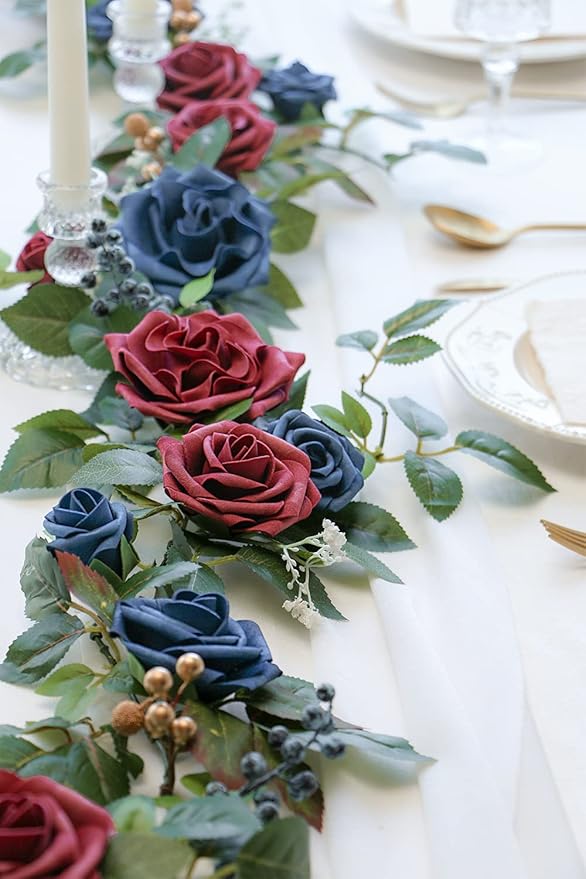 PONATIA 5FT Handcrafted Artificial Rose Flower Garland, Burgundy Flower Garland for Wedding Ceremony Garlands Backdrop Arch Flowers, Ceremony Reception Table Decorations (Burgundy & Navy)