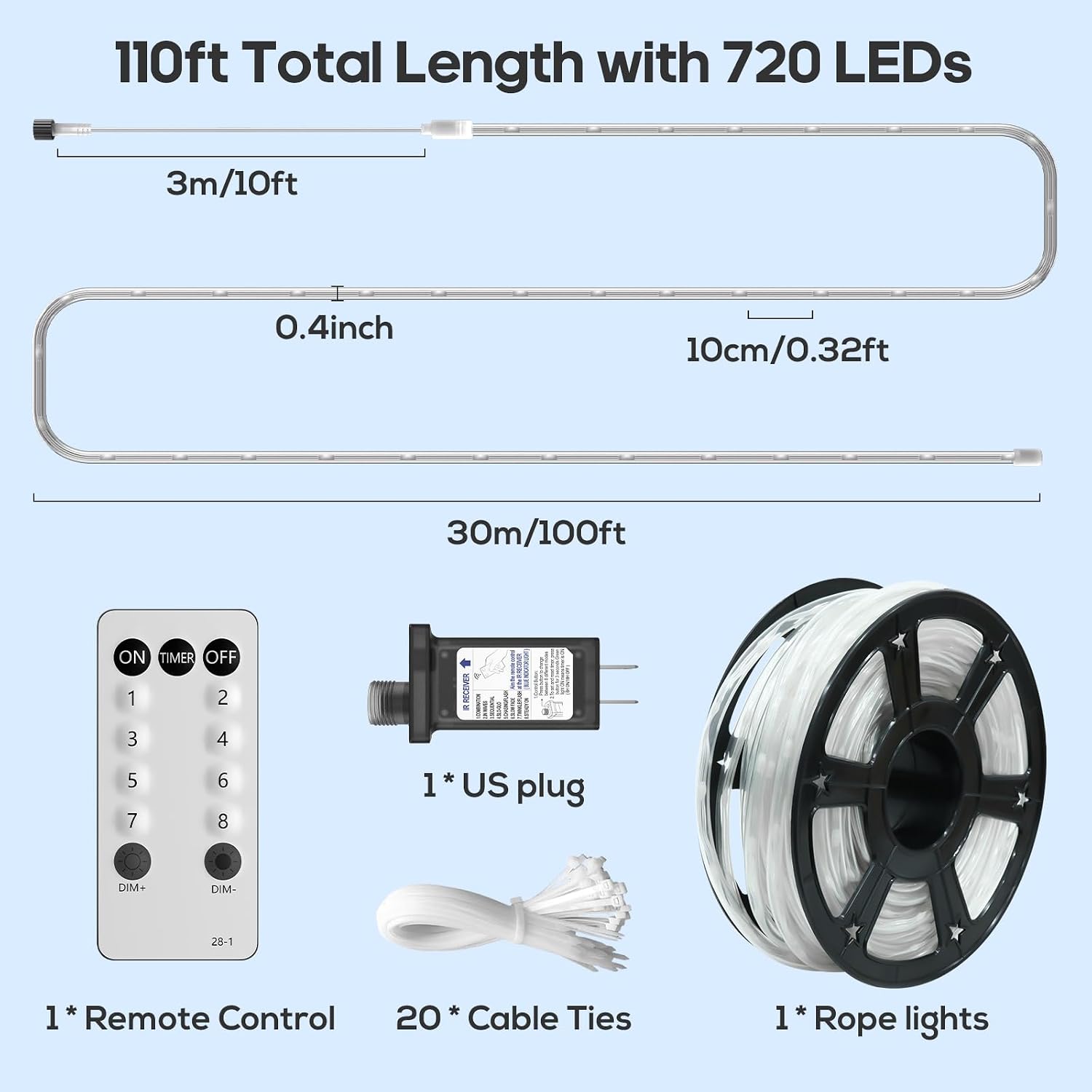 100Ft 720 LED Rope Lights Outdoor Waterproof with Remote, 8 Modes and 4 Brightness Rope Lights for Outside, Garden, Patio, Pool, Bedroom, Party, Indoor Outdoor Decoration (Cool White)