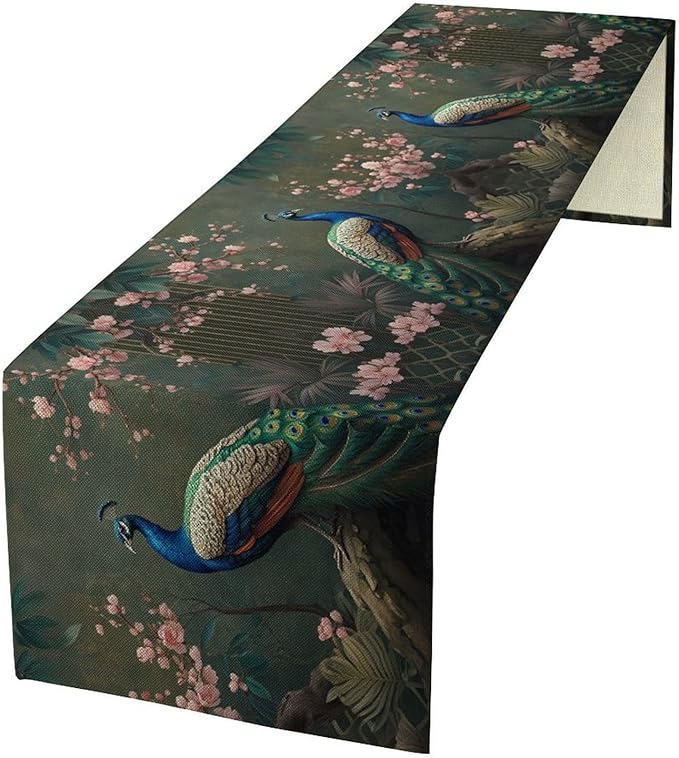 Peacock Table Runner,Vintage Aesthetic Peacock Birds Table Runner for Home Kitchen Dining Party Indoor Outdoor Decoration 13x60 Inch