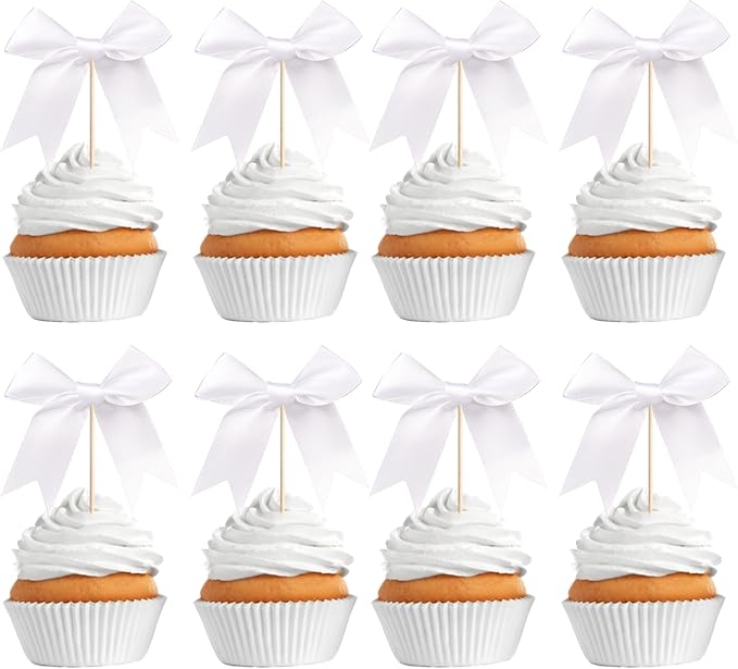24 PCS Bow Cupcake Toppers Bowknot Cake Toppers Bow Cupcake Picks Bowknot Birthday Party Decorations Bow Cake Dessert Picks for Wedding Bridal Engagement Baby Shower Birthday Party Supplies White