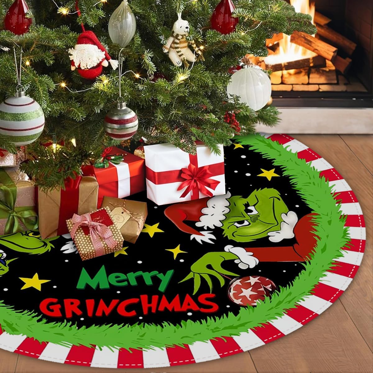 Christmas Tree Skirt 48 Inch, Soft and Funny Merry Christmas Tree Collar Farmhouse Xmas Holiday Decoration (Style B)