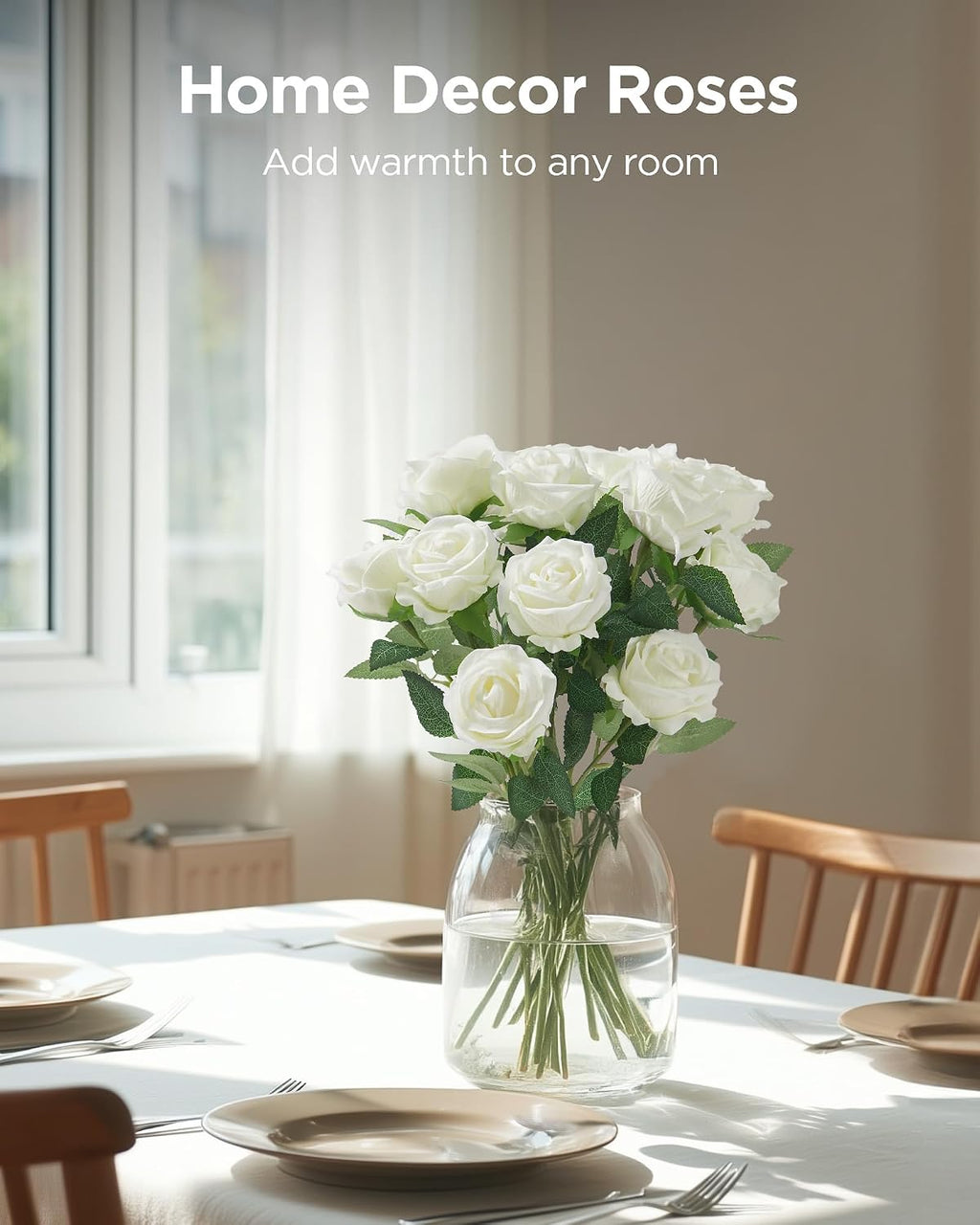 innogear white roses artificial flowers 50 pcs fake, side view