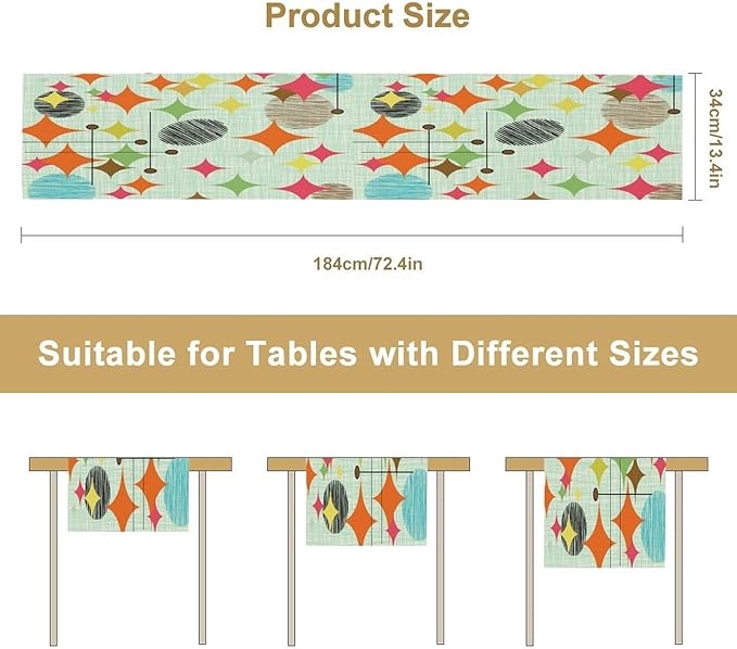 Mid Century Table Runner,Abstract Retro Modern Geometric Colorful Stripe Pattern Print Tablecloth Burlap for Hotel Indoors Outdoor Dining Room Kitchen Holiday Party, 13x90in