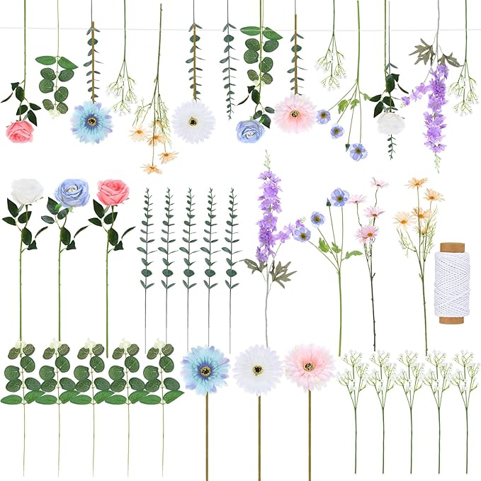 Hoteam 26 Pcs Pcs DIY Flower Garland Artificial Hanging Wildflower Backdrop Set Fake Rose Eucalyptus Daisy Poppy Wild Flower Decor for Wedding Party Birthday Home Garden (White,Blue,Pink)