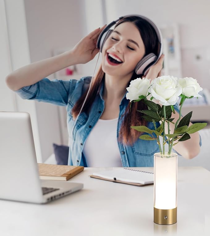 Flower Night Light,Touch Vase Lamp,Rechargeable Cordless Table Lamp,Home Decor Lamp for Dining Table/Bed Room/Bathroom/Closet,Gifts for Women/Mom/Girl, Artificial Roses Included
