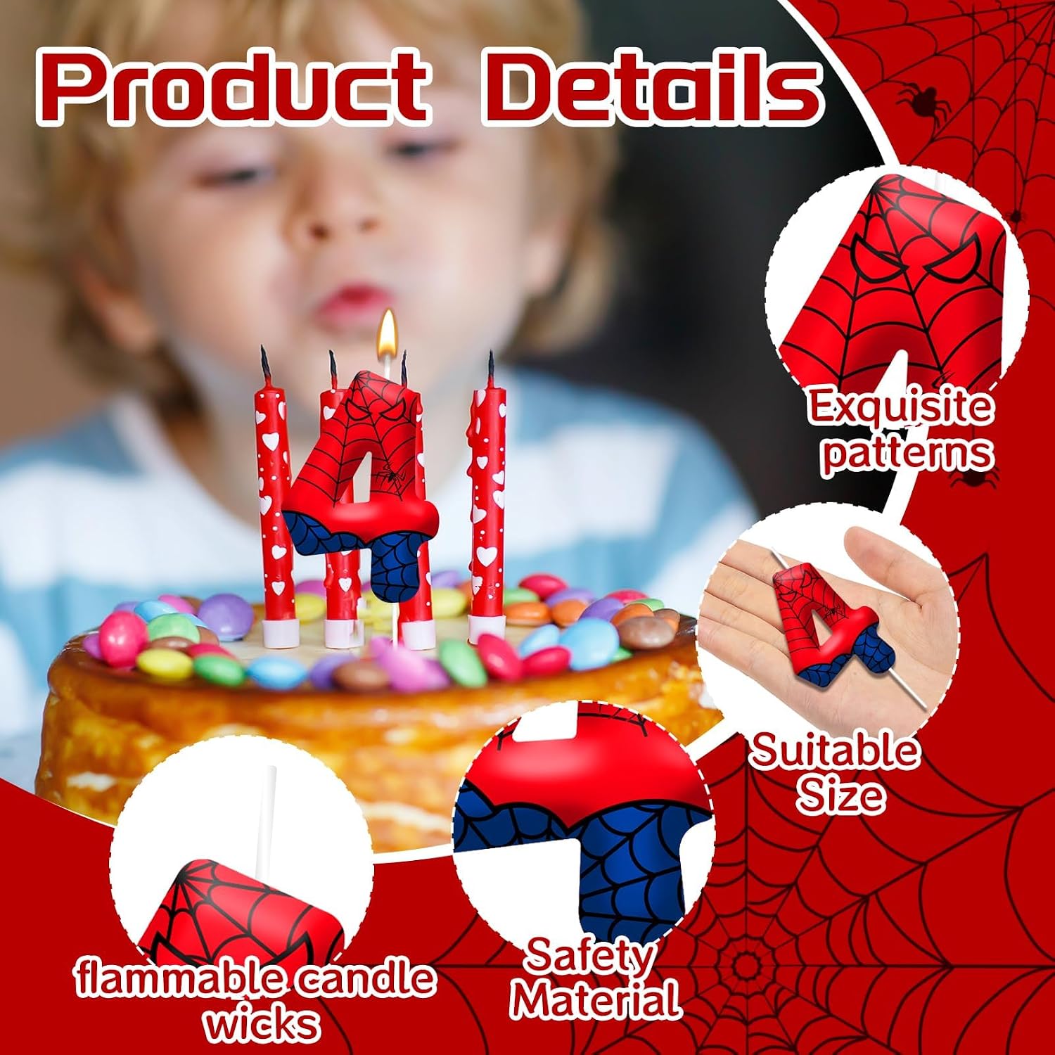 Spider Birthday Candles Number 4, Themed Cake Party Decoration | Red Blue Spider Web Number 4 Cake Candle Topper, Decor for Birthday Celebrations, Party Favors and Themed Gathering Supplies
