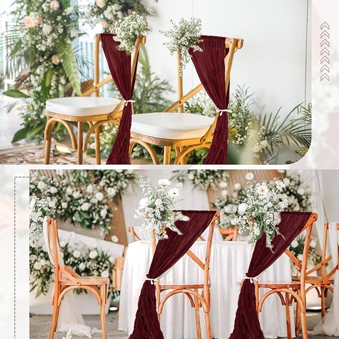 50 PCS Cheesecloth Chair Sashes Bows Wedding Aisle Decorations Chair Ribbon Ties Back Sash for Wedding Party Events Banquet Chair Cover Decoration (Burgundy)