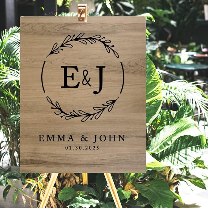 Andaz Press Large Wooden Welcome Sign for Wedding Rustic Welcome Sign 16" x 20" Custom Monogram & Date Laurel Wreath Wedding Signage English Oak MDF Wood Finish Wedding Reception Indoor Outdoor Signs