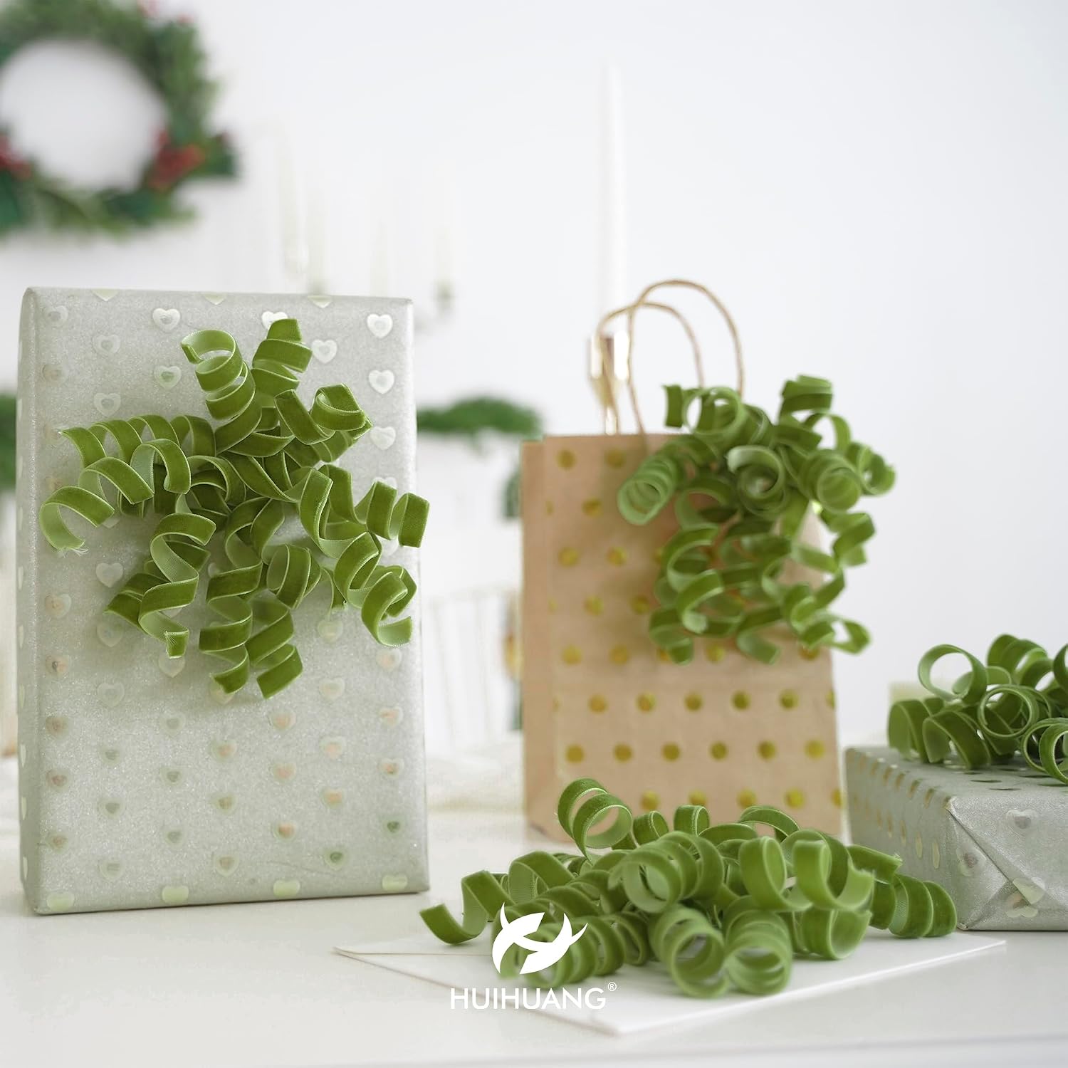 HUIHUANG Moss Green Bows for Gift Wrapping Self Adhesive Christmas Green Gift Bows Burst Curly Ribbon Bows for Presents, Gift Wrapping, Treat Bags, Party Favor, Crafts-6 inch x 6 Counts