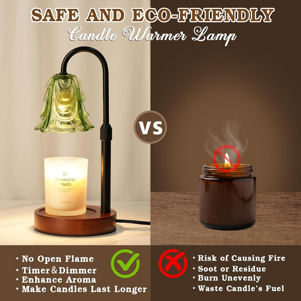 Small Candle Warmer Lamp with Timer, Adjustable Green Lamp Warmer for Jar Candles, Christmas Birthday Gifts for Women Mom Her, Unique Dimmable Candle Heater, Cute Wax Warming Light with Wood Base | Wax Melt Warmer, Flameless Design