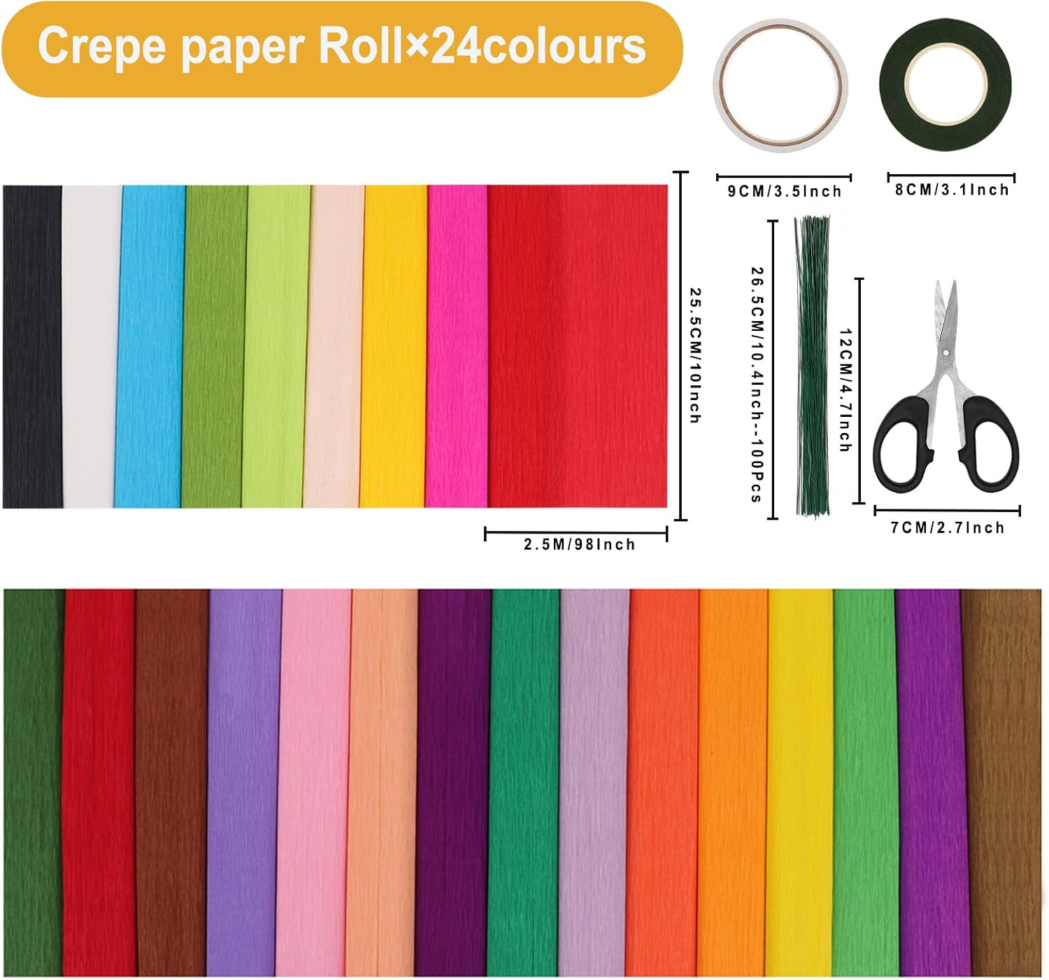 24 Colors Crepe Paper Rolls, 10 x 98 Inch Wide Crepe Paper Sheets with 100 Pcs Green Floral Iron Wire, Floral Band, Double-Sided Tape, and Scissors for Birthday Parties Weddings Festival Decoration
