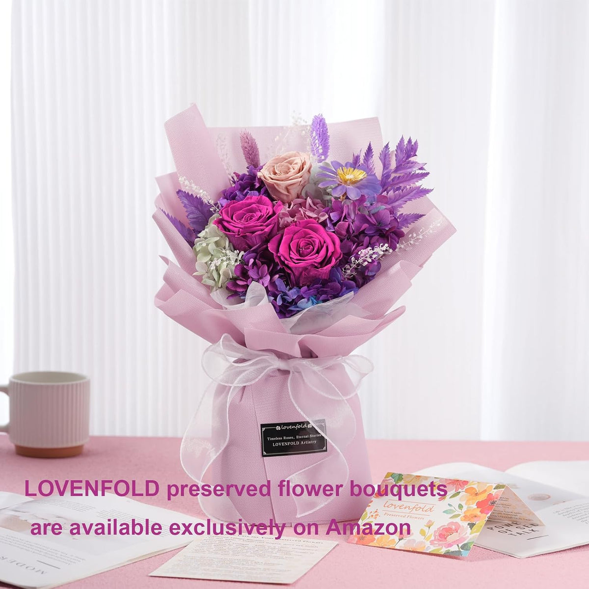 lovenfold preserved flowers for delivery, purple rose bouquets on a desk or shelf