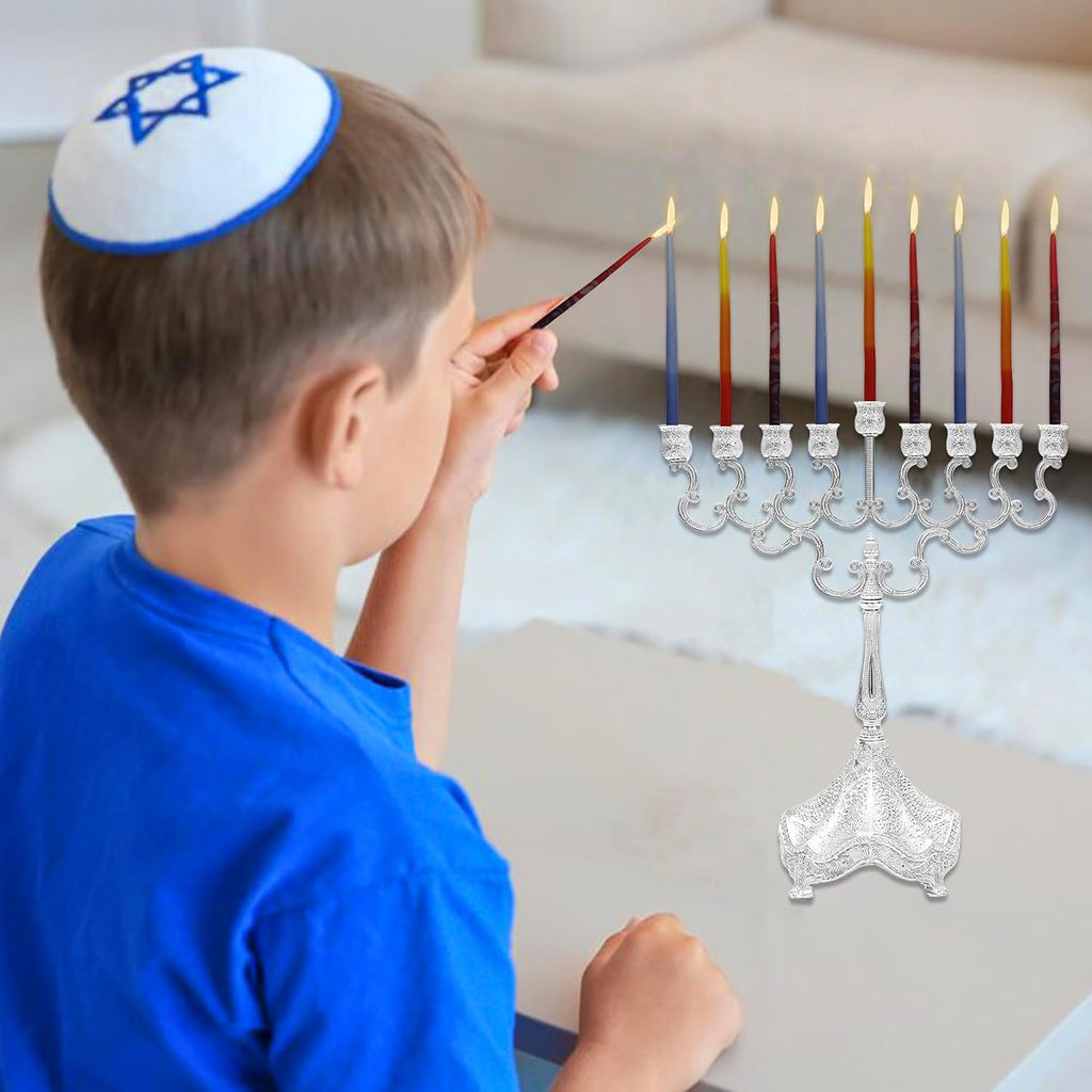 Majestic Giftware Multicolor Hanukkah Candles - CP15 | 45 Dripless Handcrafted Chanukah Candles for All 8 Nights of Hanukkah | Manufactured by Safed Candle Company in Israel (Blue/Red/Orange)