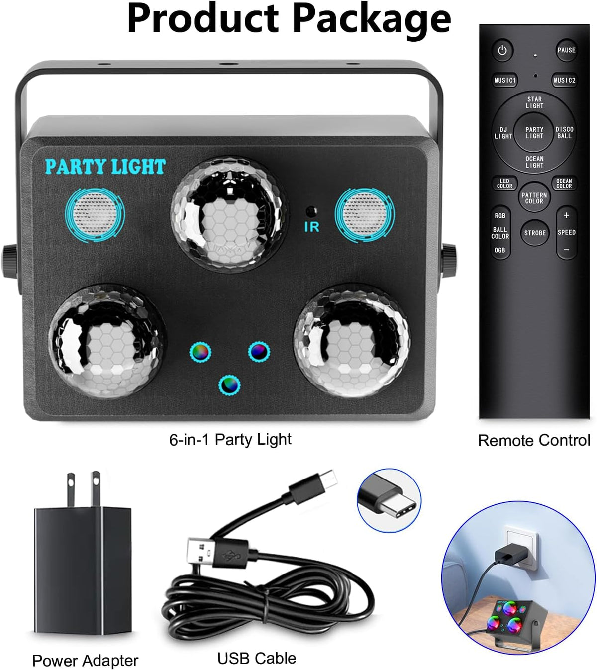 Disco Ball Party Lights,Pro 6 in 1 Disco Lights Sound Activated Dj Strobe wit...