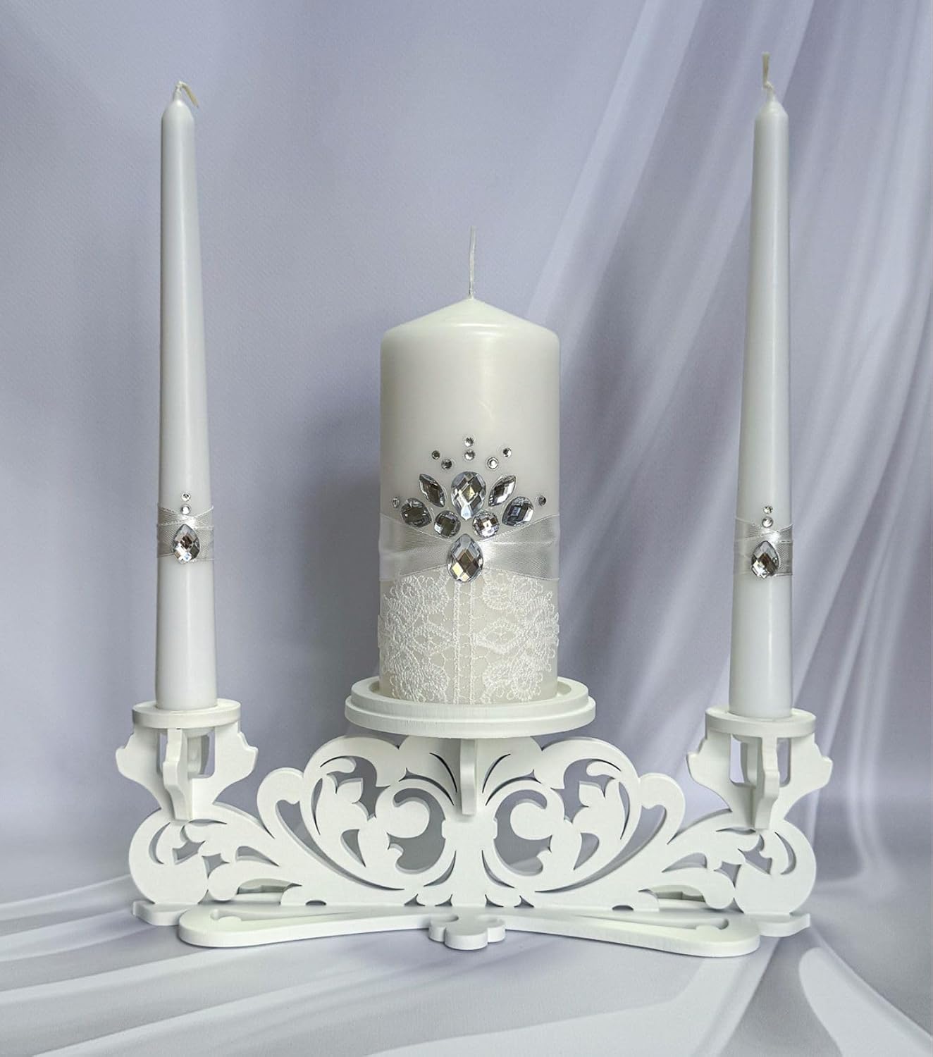 Unity Candle Set - Wedding Ceremony & Reception – 6” Pillar & Two 10” Taper Candles – Long Burning Unity Candles for Marriage Ritual – Handmade in USA – White|Cristal|Lace