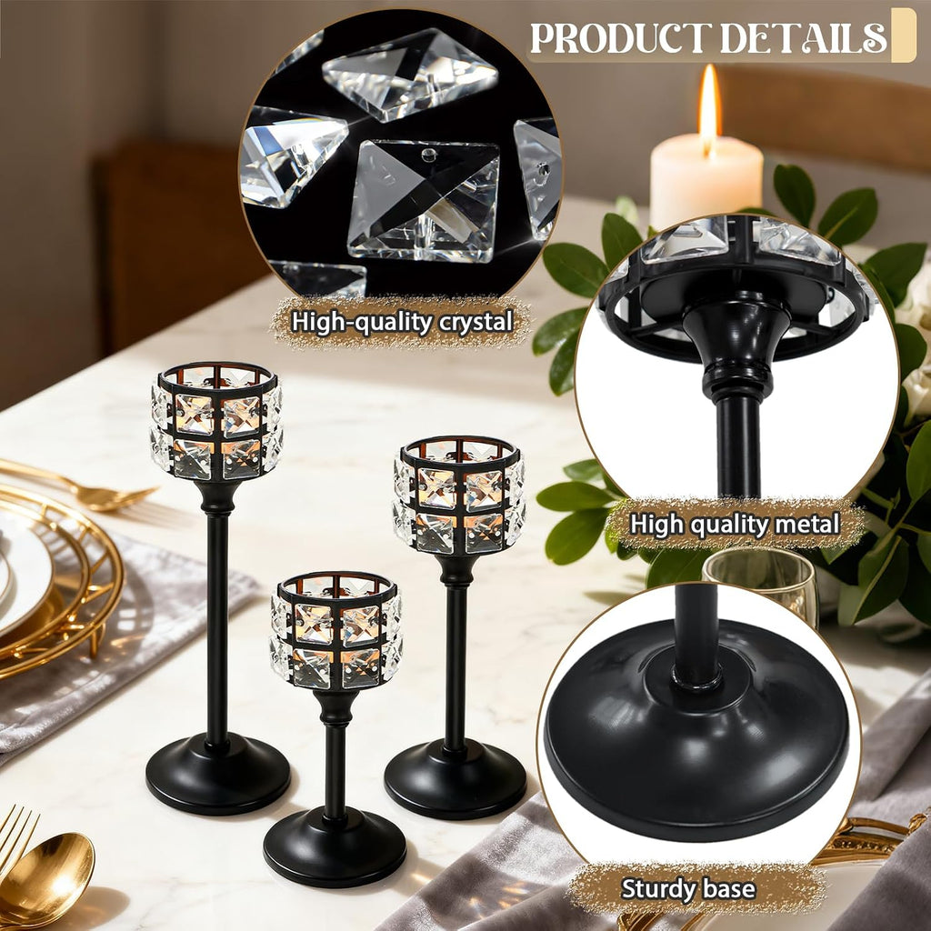 Crystal Metal Candle Holder, Square Crystal Beads Bling Tea Light Candlestick, Tall Votive Candelabra Elegant Centerpiece for Table Wedding Decoration, Home Decor (Black, Set of 3)