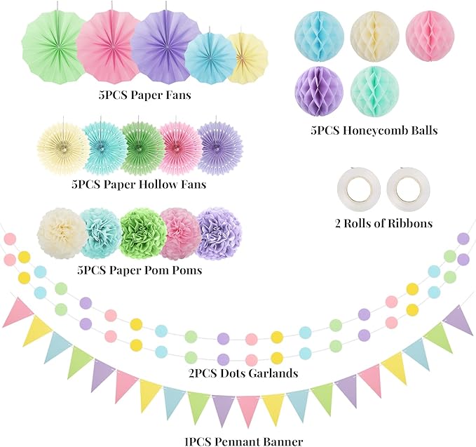 Pastel Party Decorations, 24Pcs Birthday Classroom Baby Shower Decor with Hanging Paper Fans, Pom Poms Flowers Packs for Girls Kids Birthday Rainbow Party, Macaron Carnival Theme Hanging Supplies