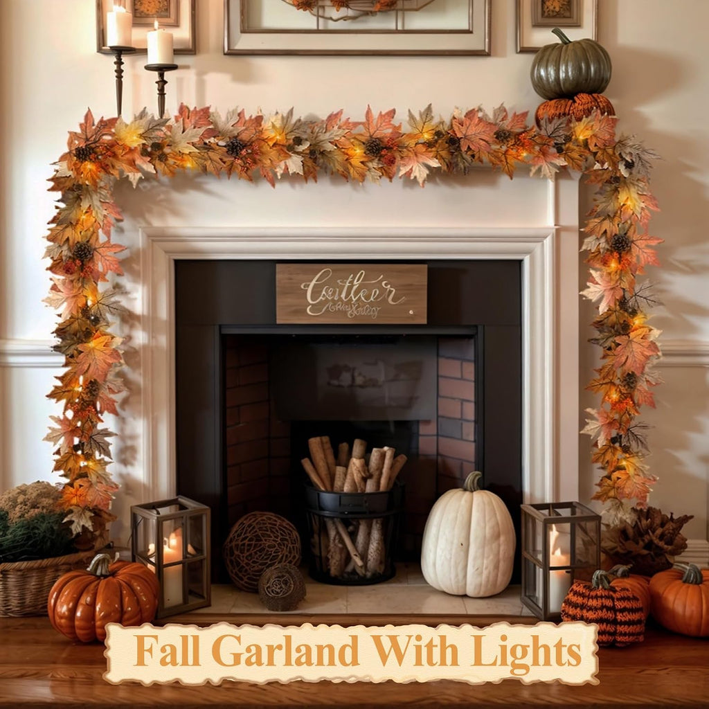 6 ft lighted fall garland with lights autumn, front angle view