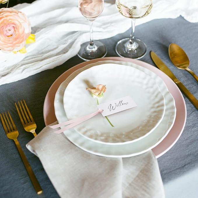 50 Pcs Name Place Cards for Table Setting Blank Wedding Place Cards with Satin Ribbon 1.57 x 3.54 Inch Hanging Gift Tags for Wedding Dinner Banquet Party Table Setting Supplies(Pink)