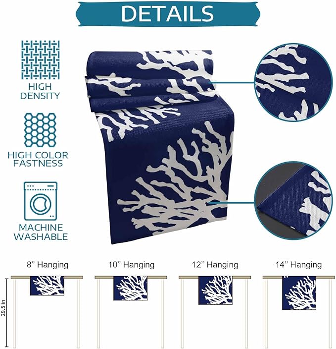 Coastal Coral Cotton Linen Table Runner for Dining Kitchen, Wedding Outdoor Party Tablerunners Decoration, Navy Blue Nautical Ocean Beach Dresser Scarf Coffee Tablecloth Runners 13x48 Inches