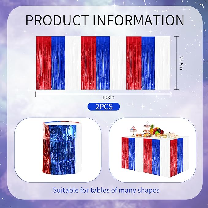 BEISHIDA 2 Pack Metallic Tinsel Foil Fringe Table Skirts for Rectangle & Round Tables Red, Blue, White Kids' Birthday, Holiday Cartoon Party Decorations Birthday, July 4th, Baby Shower, Festive Events
