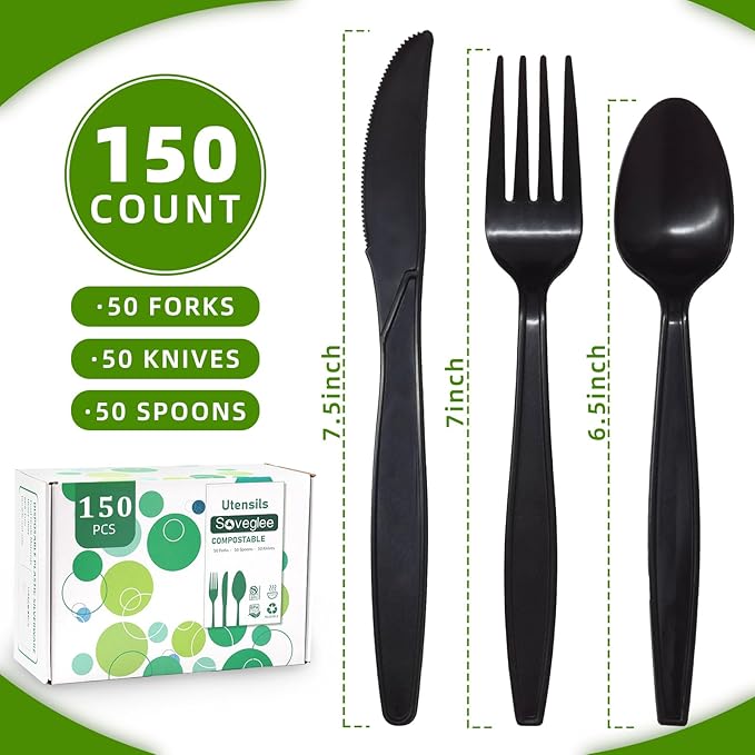150 Count Black Compostable Silverware, Compostable Utensils, Disposable Silverware Plastic 50 Forks 50 Spoons 50 Knives, Non Plastic Utensils, Eco Friendly Utensils for Party Office Wedding