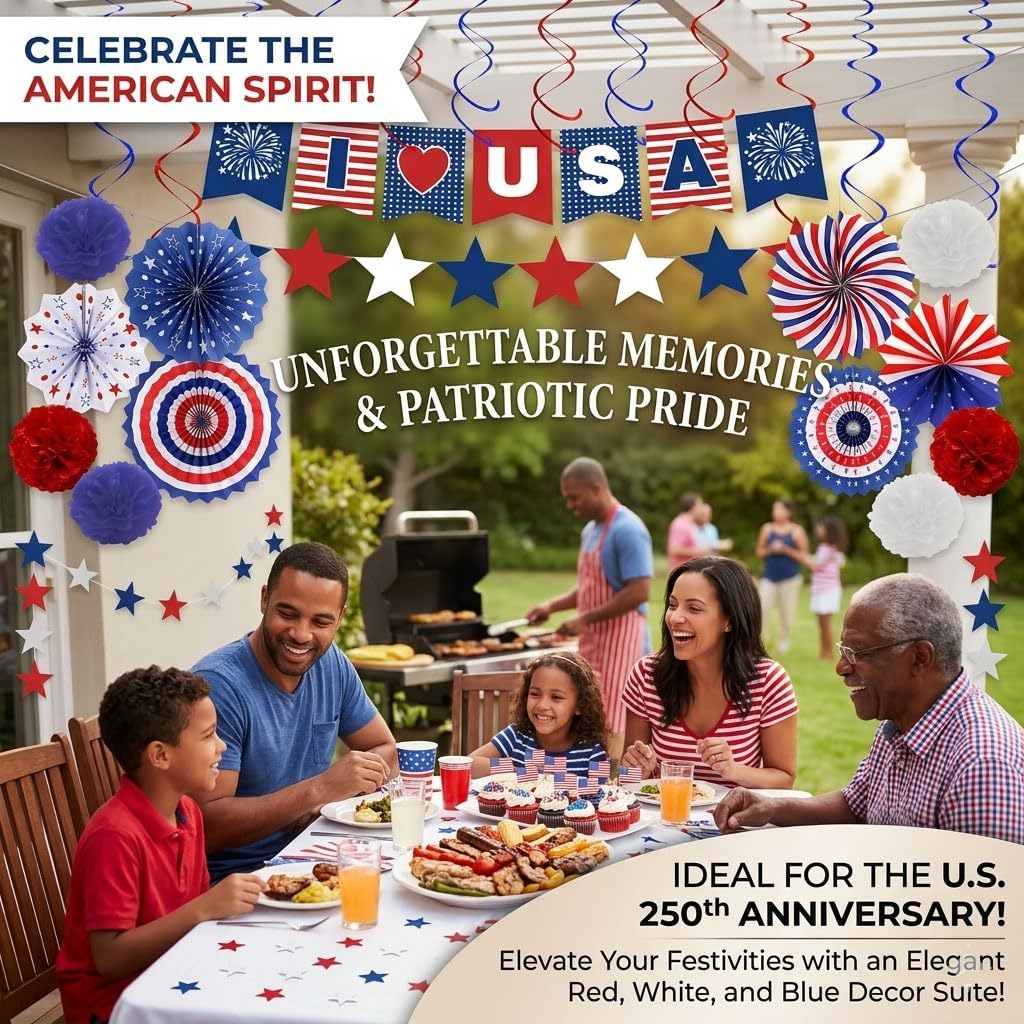 34PCS 4th of July Decorations Patriotic Decorations Love USA Banner Red White Blue Paper Fans, Star Streamer, Pom Poms, Hanging Swirls for Memorial Day Veterans Labor Presidents Flag