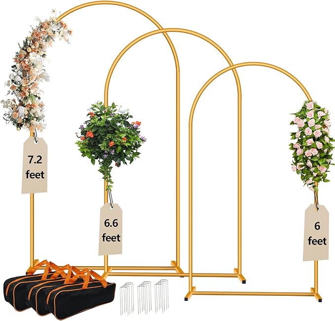 3-Pack Metal Arch Backdrop Stand Set (6/6.6/7.2FT) Heavy Duty Rust-Proof Wedding Decoration Frame with Crossbar Base for Party, Photo Booth, Balloon & Flowers Decor (Gold, 6FT,6.6FT,7.2FT)