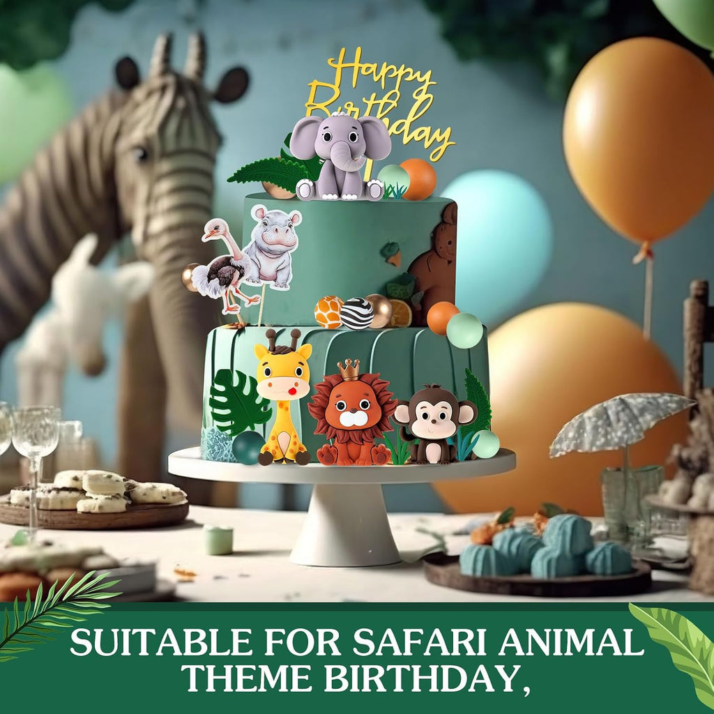 Tallew 42 Pcs Safari Jungle Animal Cake Toppers Wild One Lion Giraffe Elephant Monkey with Leaves Cake Decorations for Wild Zoo Birthday Baby Shower Party Supplies