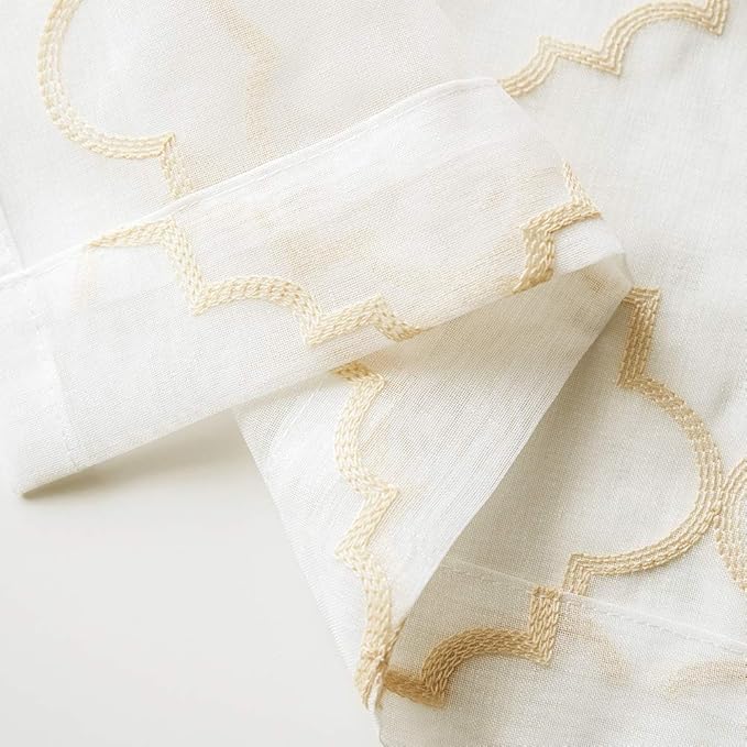 Embroidery Sheer Curtains Gold 45 Inch Length, Rod Pocket Voile Drapes for Living room, Bedroom, Embroidered Moroccan Tile Lattice Design Window Semi Curtains for Patio, Yard, 2 Panels, 52"x 45".