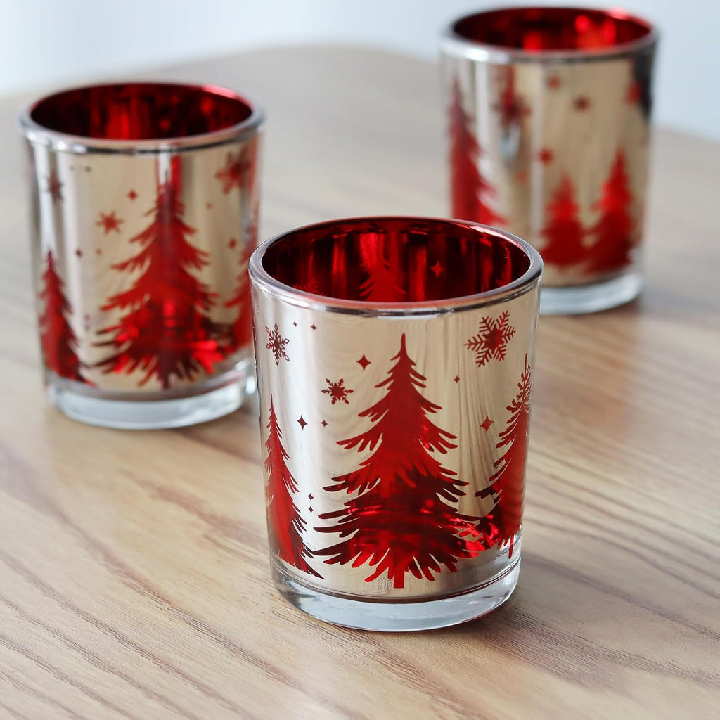 Christmas Candle Holders 12PCS, Silver Red Votive Tealight Candle Holders with Carved Christmas Trees for Xmas Table Centerpiece Decor
