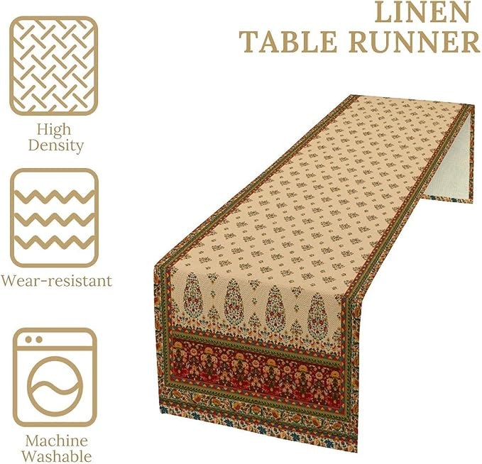 Boho Paisley Table Runner, Vintage Western Brown Dark Red Beige Flowers Leaves Print Table Runner for Kitchen Dining Table Wedding Holiday Party Decor, 13x120inch