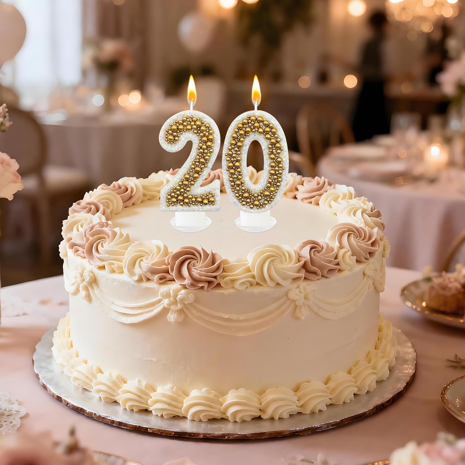 2 Birthday Number Candle for Cake, Glitter Number Candle with Gold Beads, Decorative Cake Topper for Milestone Celebrations