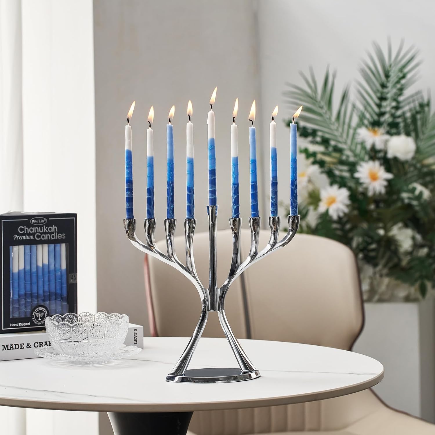 Rite -Lite Judaica Premium Chanukah Candles. Handcrafted, Tri-Color Blue/White Stripe. Box of 45