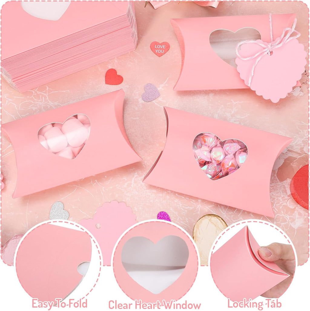 JarThenaAMCS 50Pcs Valentine' s Day Treat Boxes with Gift Tag Cotton Rope Paper Gift Container Pink Pillow Box with Heart Shaped PVC Window for Wedding Party Birthday Sweets Chocolate