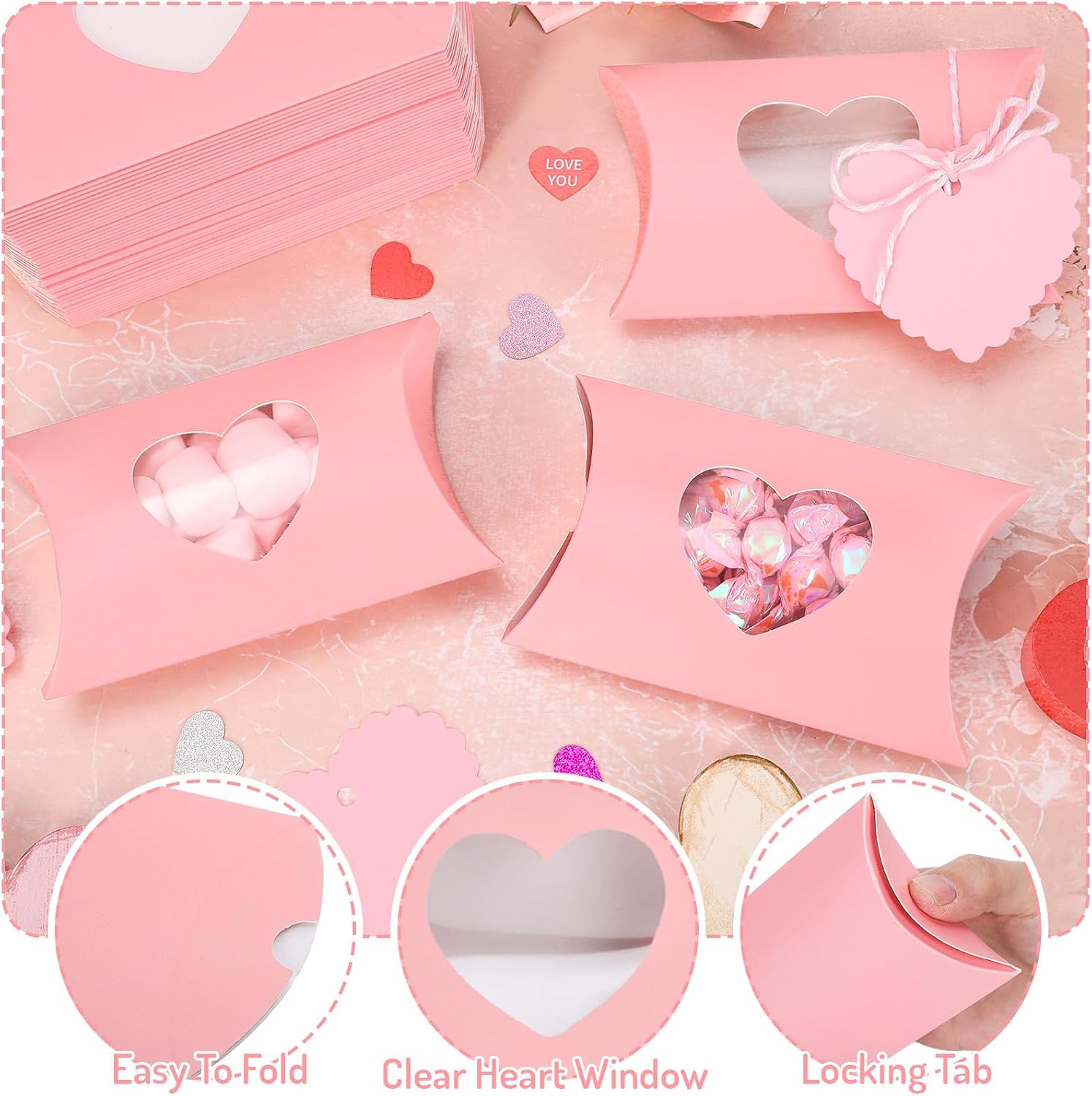 JarThenaAMCS 50Pcs Valentine' s Day Treat Boxes with Gift Tag Cotton Rope Paper Gift Container Pink Pillow Box with Heart Shaped PVC Window for Wedding Party Birthday Sweets Chocolate