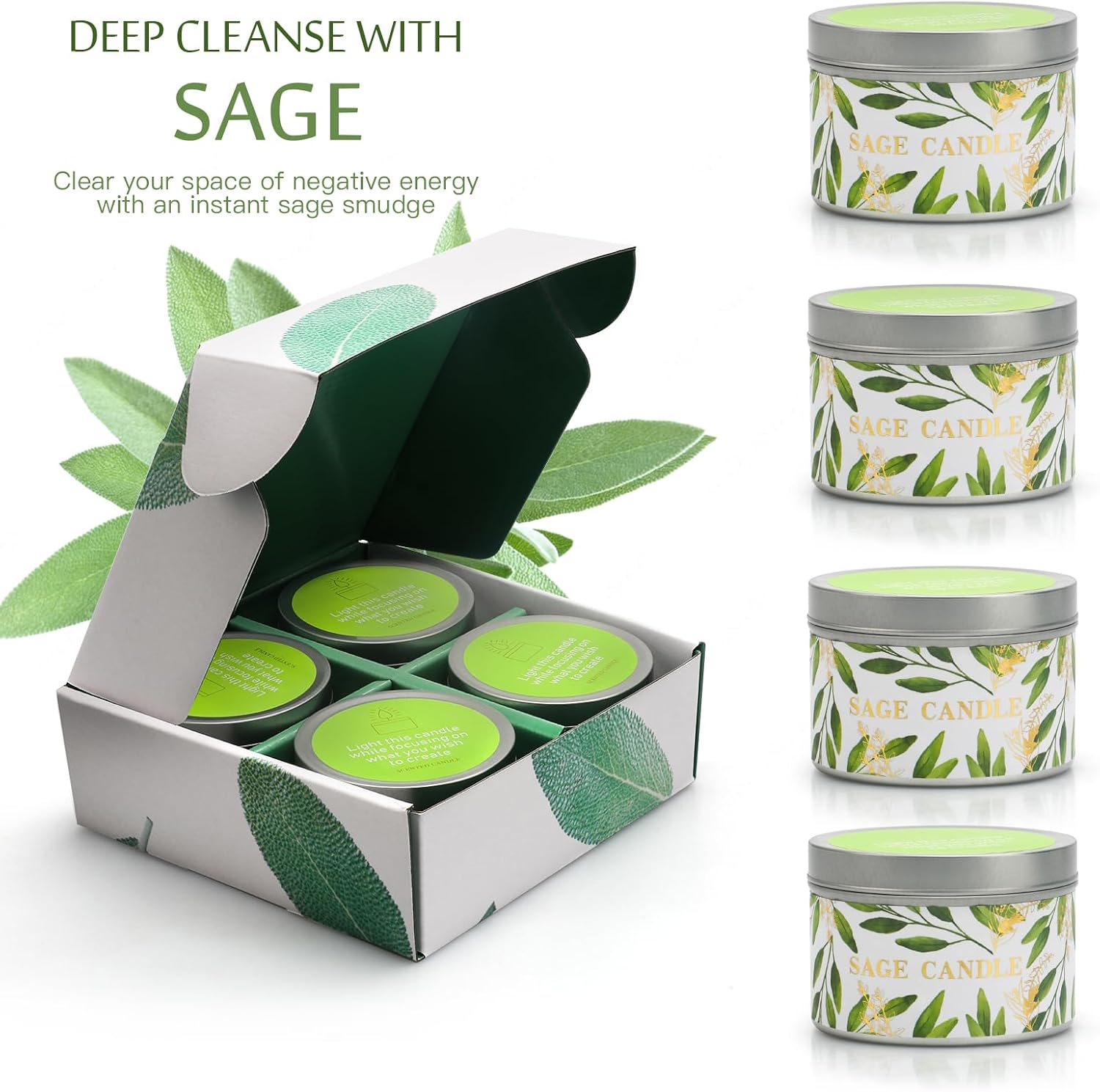 Sage Candles Gift Set, 4 Pack Natural Soy Wax White Sage Smudge Kit with Healing Crystals, House Cleansing & Negative Energy, Spiritual Meditation & Aromatherapy, Housewarming Birthday Self Care Gifts