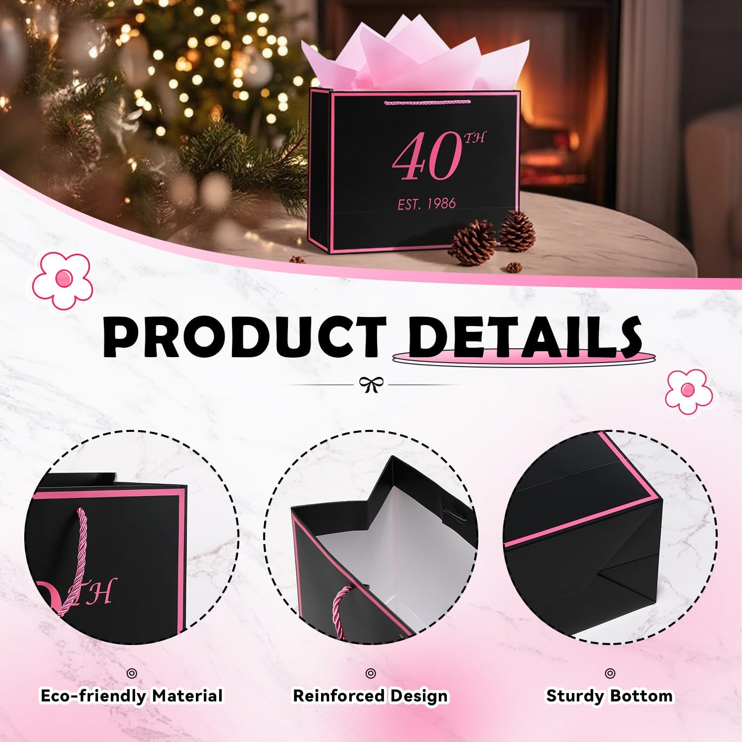 40th Birthday Gift Bag with Card and Tissue Paper for Women Her, 1986 40 Year Old 13" Elegant Black & Pink Anniversary Keepsake Party Present Shopping Paper Bags for Gifts Wrapping (1986 40th)