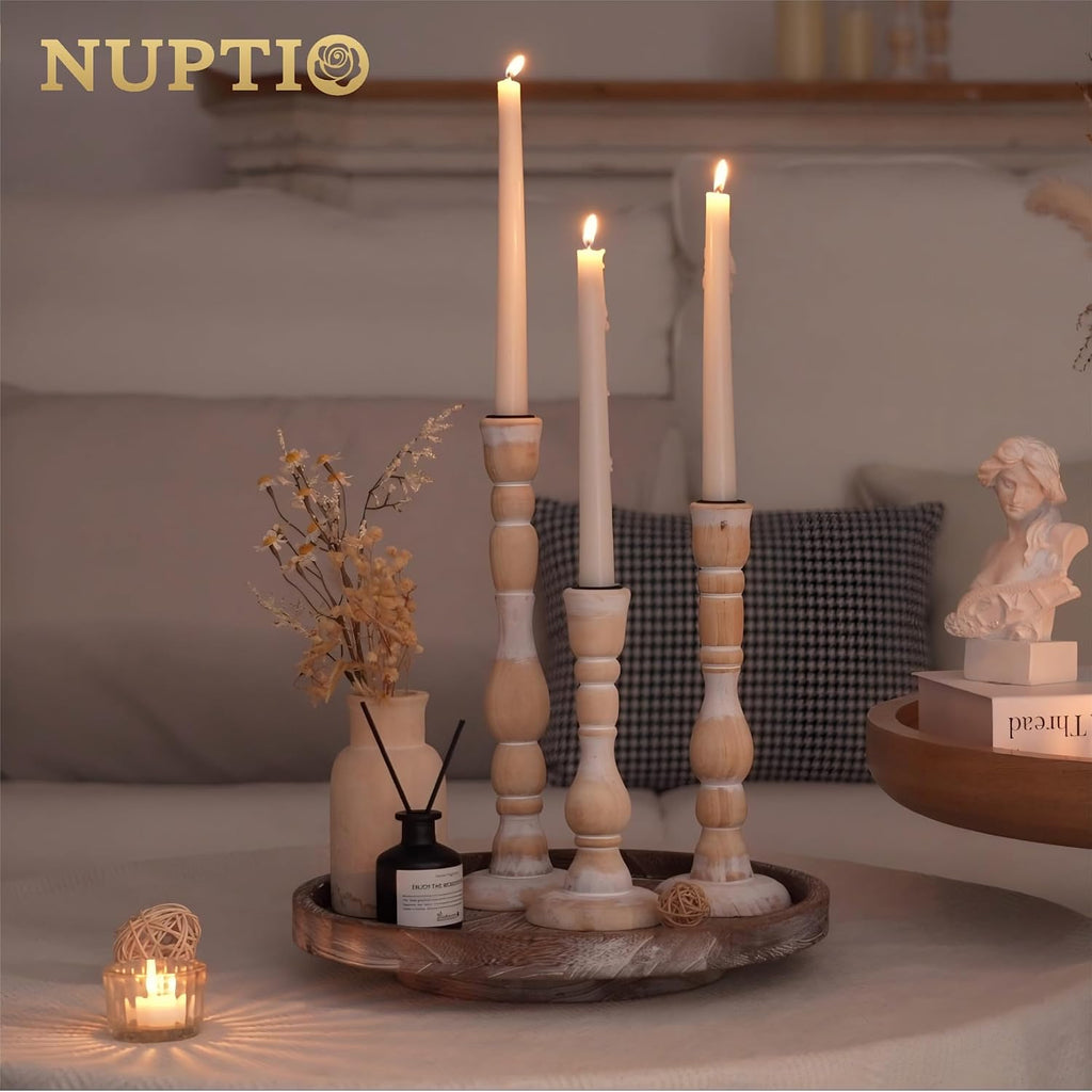 NUPTIO Tall Wooden Candle Stick Holders, Set of 3, Whitewashed | Vintage Farmhouse Boho Style, Rustic Wood Finish, Natural Solid Pine Wood, for Christmas Mantels, Gift Giving