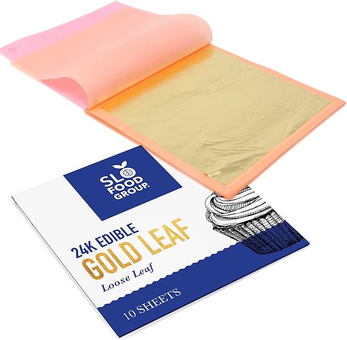 Slofoodgroup - 24 Karat Edible Gold Leaf Loose Sheets - 10 Sheets Gold Leaf Per Book - Gold Leaf Sheet Size 3.15in x 3.15in Loose Leaf Sheets - Edible Decoration, Crafting, Art and More