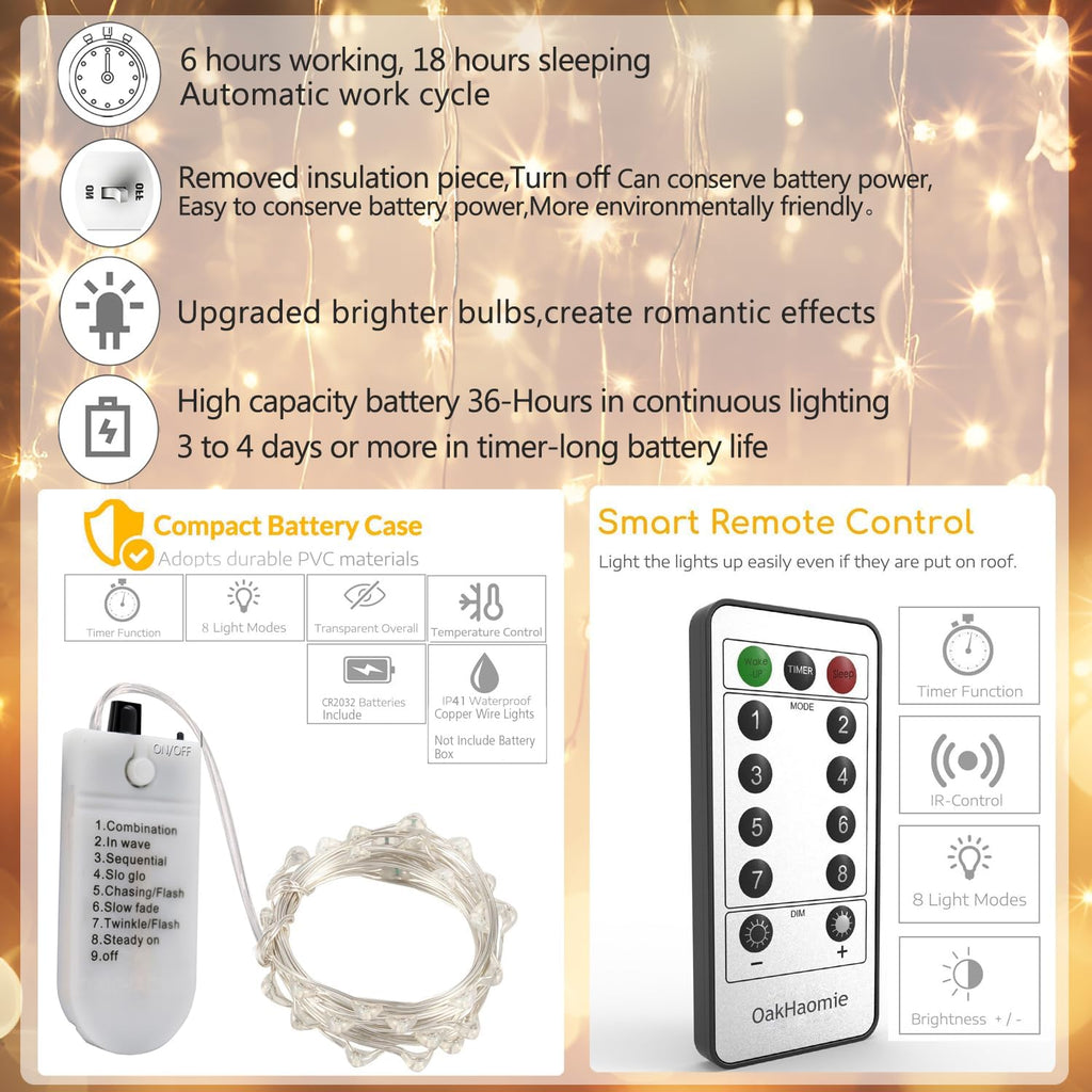6 Pack Fairy Lights Battery Operated with Timer 2PCS Remote - 6.5ft 20LED Warm White Twinkle Lights Waterproof Silver Wire Fireflies Lights DIY Mason Jar Wedding Party Christmas Centerpiece Table Deco