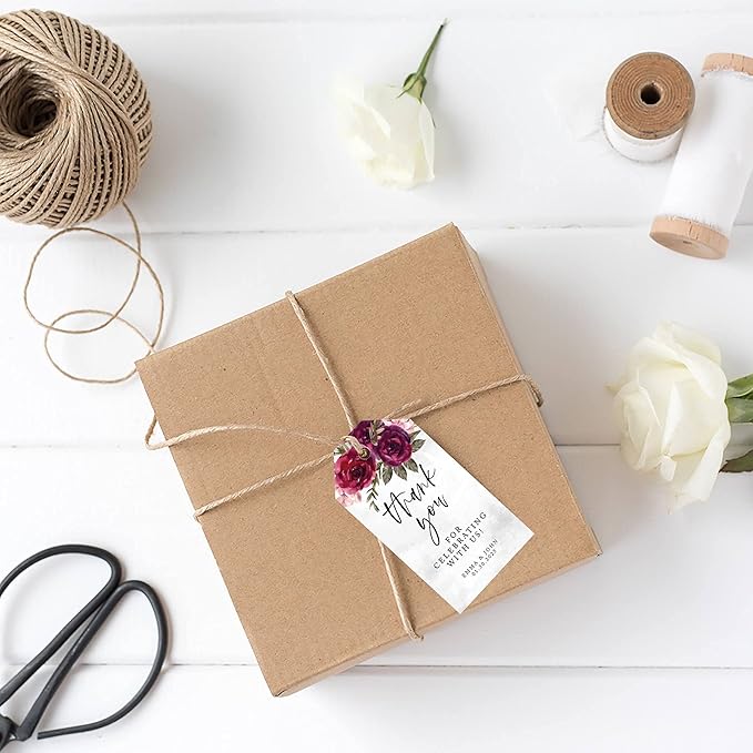 Andaz Press 100-Pack Personalized Thank You for Celebrating with Us Wedding Favor Tags with Bakers Twine Burgundy Florals Custom Cardstock Gift Tags for Wedding Party Favors 2 x 3.75-Inches