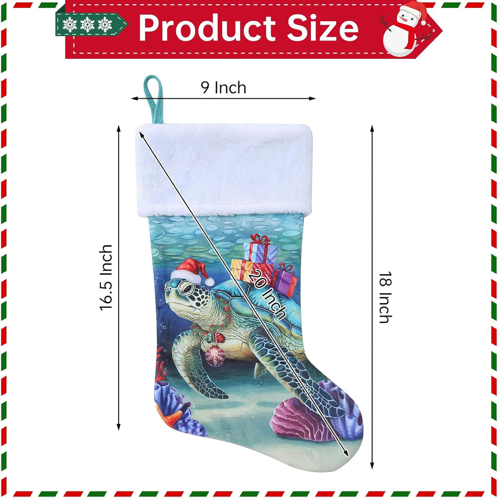 20 Inches Sea Turtle Christmas Stockings, Ocean Turtle Christmas Ornaments Large Hanging Stockings with Plush Cuff for Family Holiday Party Decorations